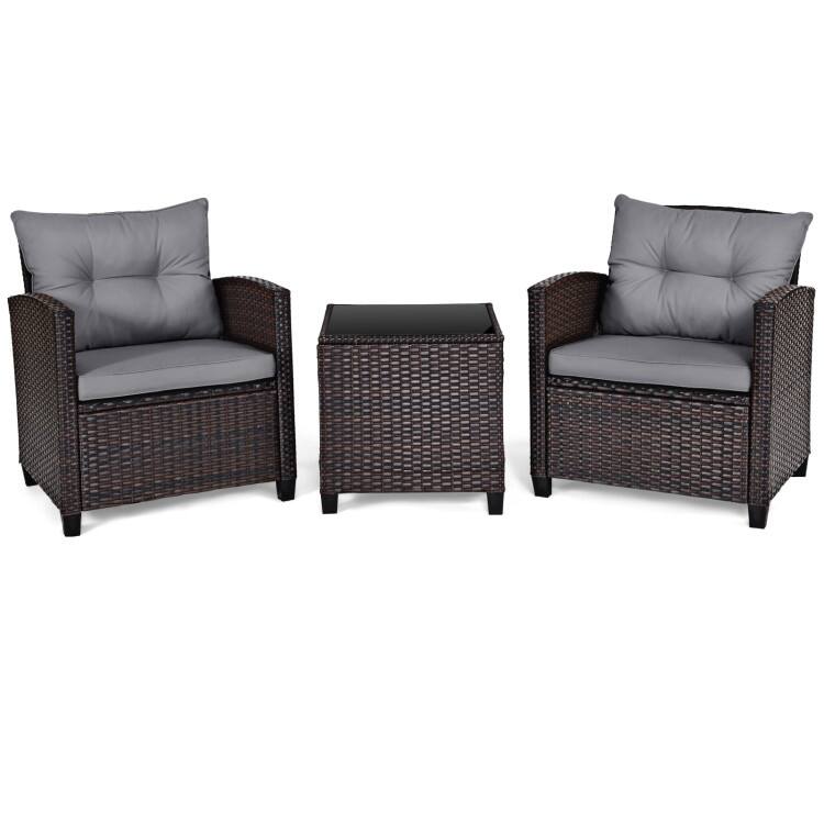 3 Pieces Rattan Patio Furniture Set with Washable Cushion - Chair: 26.5" x 26.5" x 30"