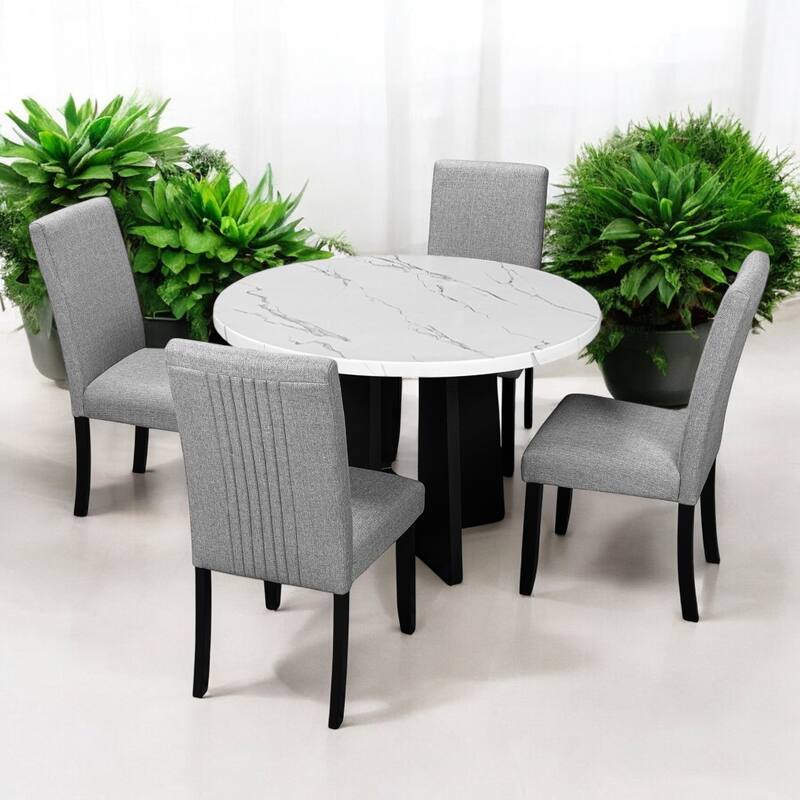 5-Piece Round Dining Table Set, 43-Inch MDF Table with 4 Upholstered Chairs for Kitchen, Dining Room, Living Room