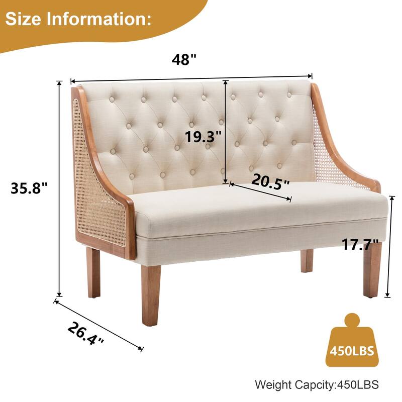 Andeworld Loveseat Settee Bench with Natural Rattan Arms, Upholstered Modern Mini Sofa Couch,Banquette Dining Bench Love Seat