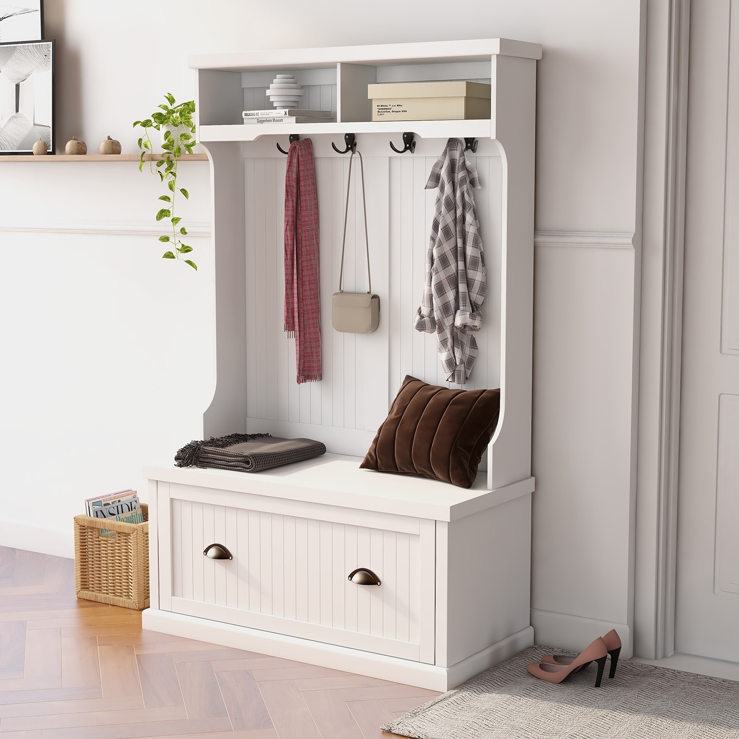 White Shoe Bench with Coat Rack for Entryway, Wood Shoe Cabinet with Flip  Drawer