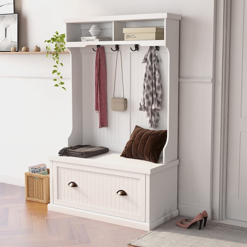 Entryway hall tree with coat rack 4 hooks and storage bench shoe