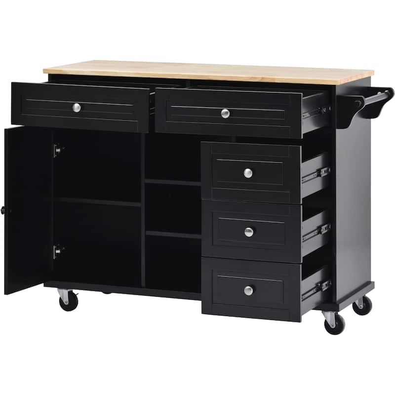 Kitchen Island with on Locking Wheels, Rolling Cart with Rubber Wood Desktop, Mobile Island with 3 Open Shelves & 5 Drawers