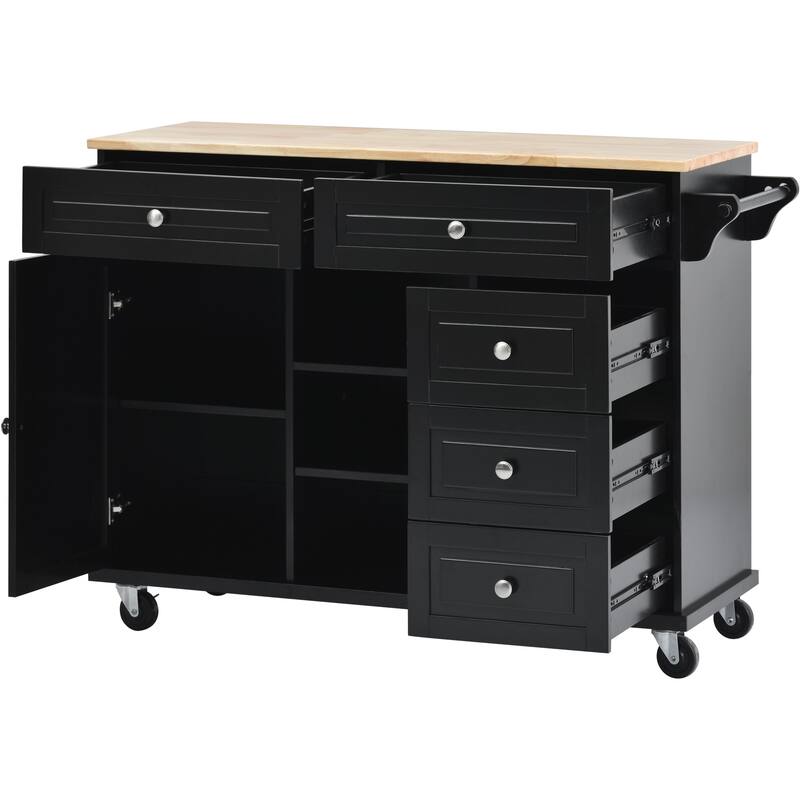 Rolling Kitchen Island Cart with Rubber Wood Top, 5 Drawers, Storage Cabinet & Adjustable Shelves - 53" Black
