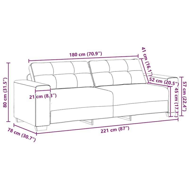 vidaXL 3-Seater Sofa 180 cm Velvet - 221 x 78 x 80