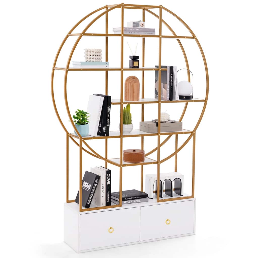 Gymax 71'' Tall Metal Bookcase 6-Tier Gold Bookshelf w/ 2 Storage