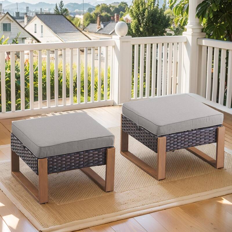 2 Pieces Outdoor Patio Ottoman with Cushion - Brown - Grey