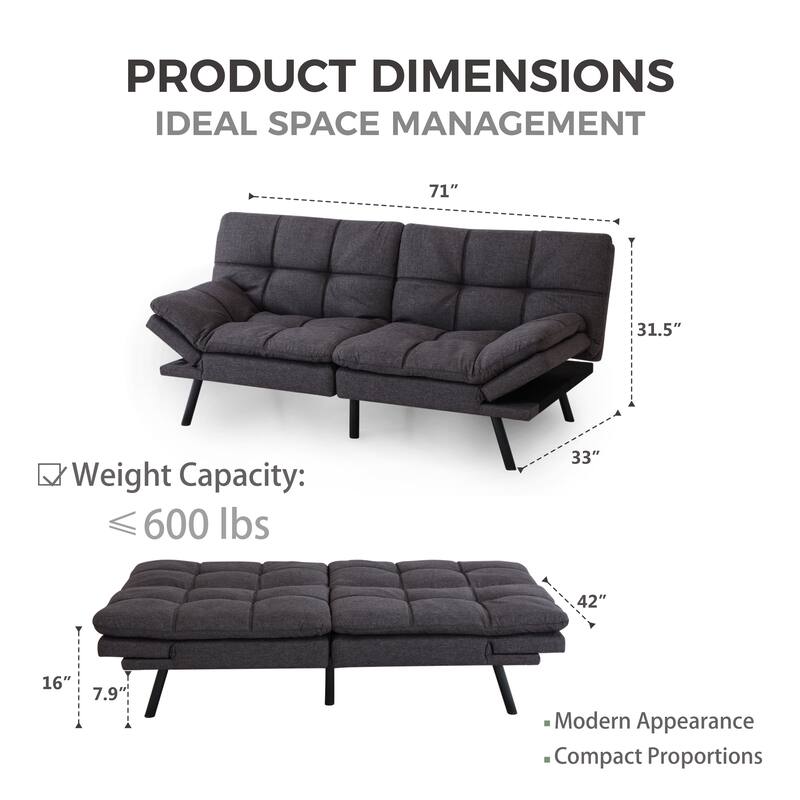 Modern Convertible Futon Sofa Bed with Converting Armrests, Backrests