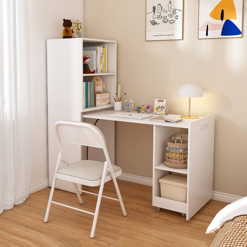 Stretchable desk, office desk with storage shelves and mobile wheels, suitable for small apartments and offices