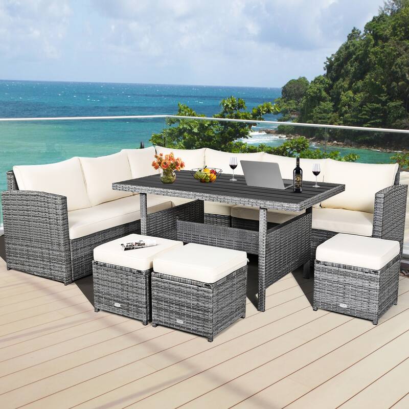 Gymax 7PCS Rattan Patio Sectional Sofa Set Conversation Set w/ White - See Details