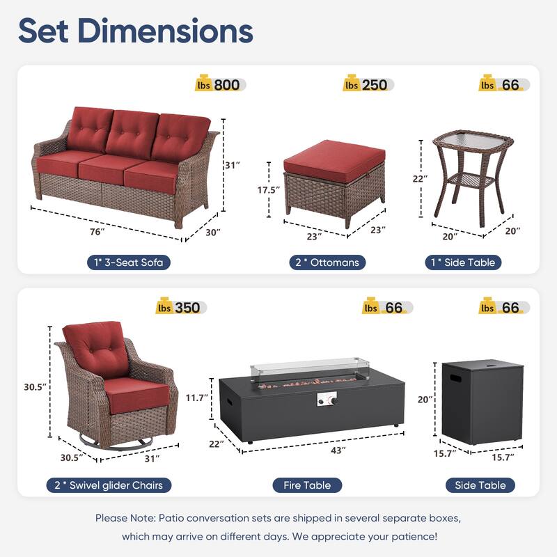 Pocassy Patio 7 Piece Sofa Swivel Chair Ottoman with Fire Table