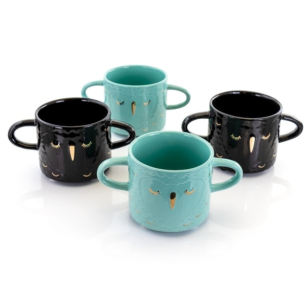 Gibson Home Lashes 4 Piece 24.5 Ounce Stoneware Figural Mug Set in Teal and Black. Opens flyout.