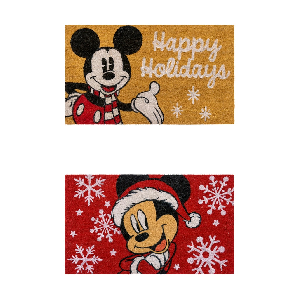 Licensed Disney Mickey Mouse Coir Xmas 'Happy Holidays' and Mickey Santa Door Mats, 2 Pack - 1'6" x 2'8"