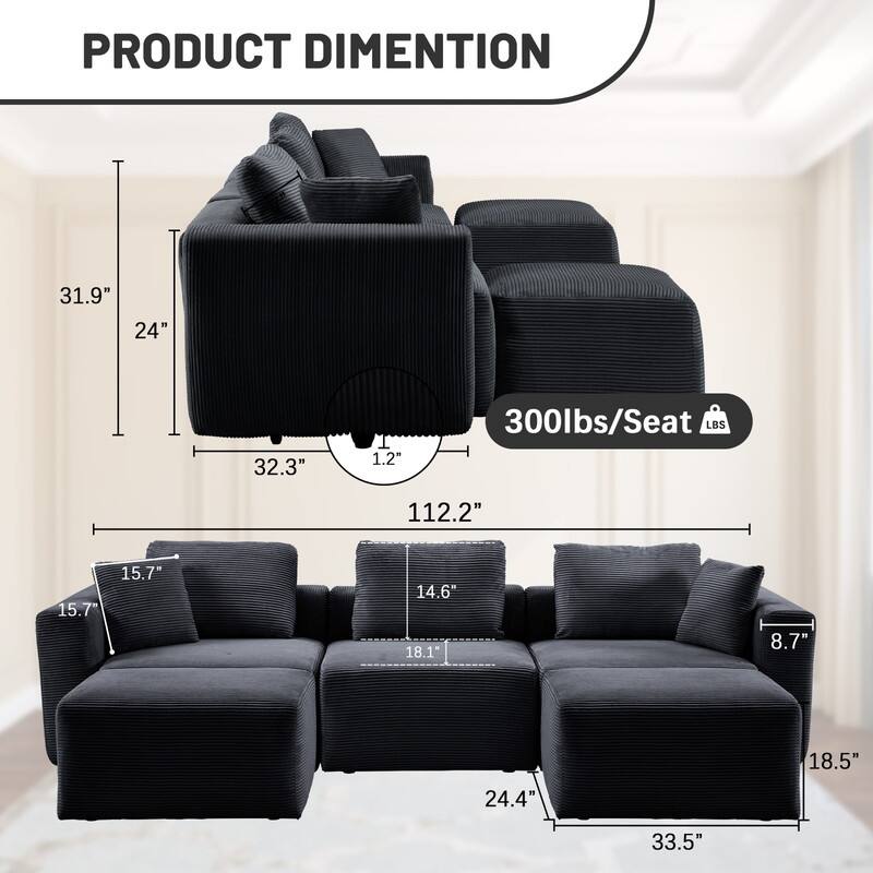 112.2‘’ W Corduroy Modern Compressed Block Sectional Couch with Plush Cushions