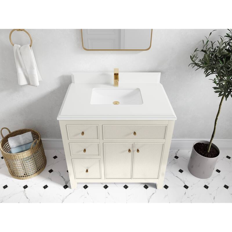 Willow Collections 36 in W x 22 in D Sonoma Center Sink Free Standing Reeded Bathroom Vanity with Countertop - 1.5”White Quartz - Ivory