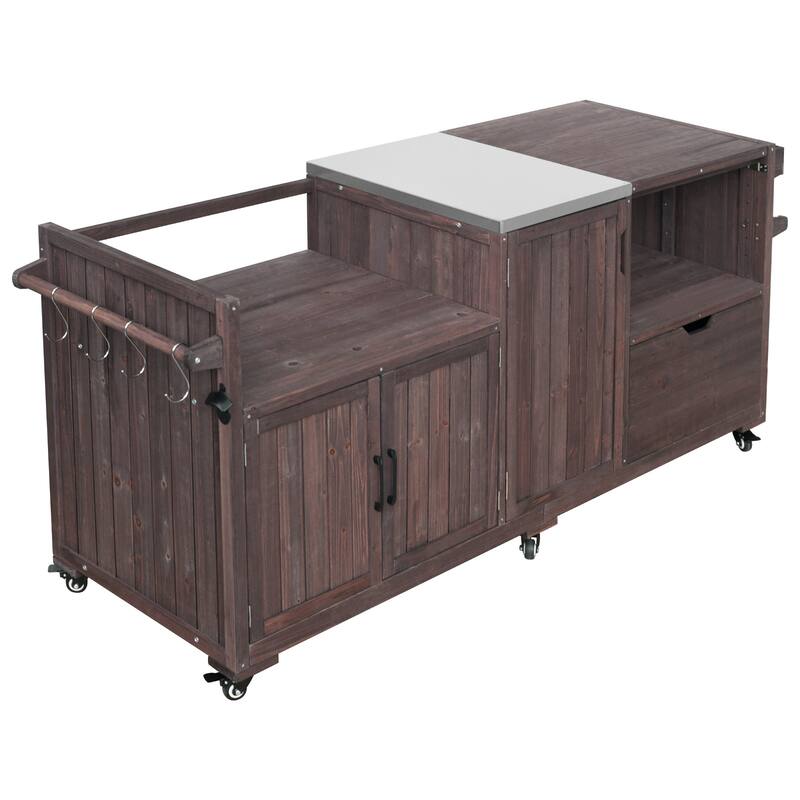 80.5" Solid Wood Outdoor Kitchen Island with Stainless Steel Top, Grill Cart Compatible with Big Green Egg & Blackstone