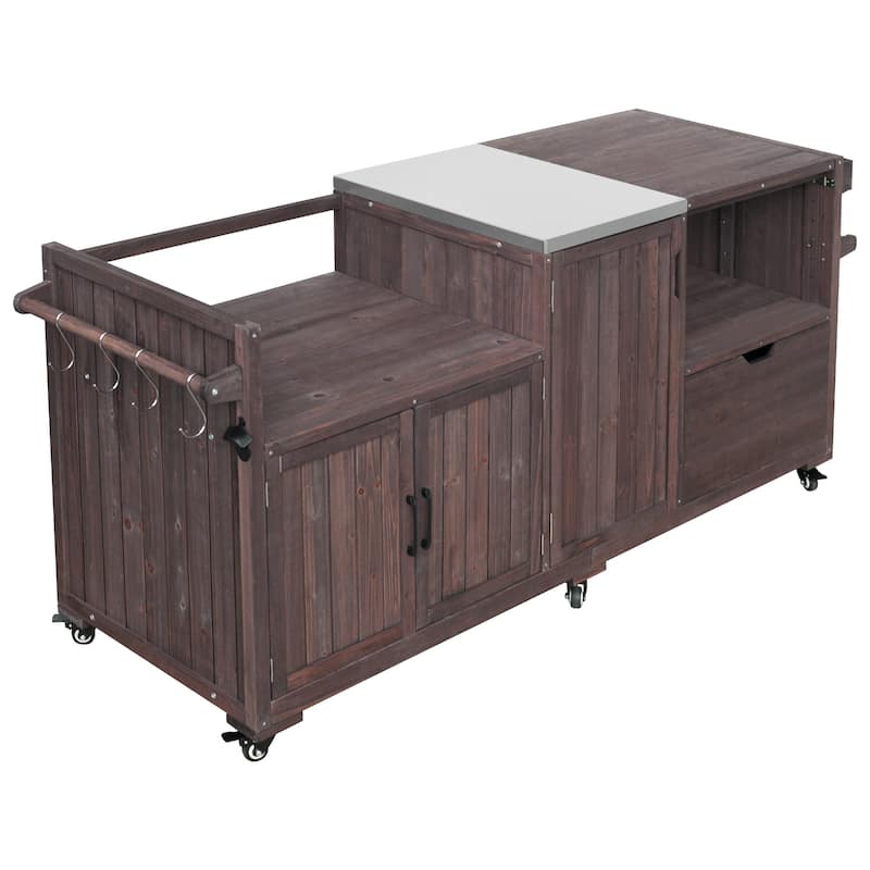 Solid Wood 80.5" Outdoor Kitchen Island for Big Green Egg& Blackstone Griddle, Grill Cart Table with Stainless Steel Top