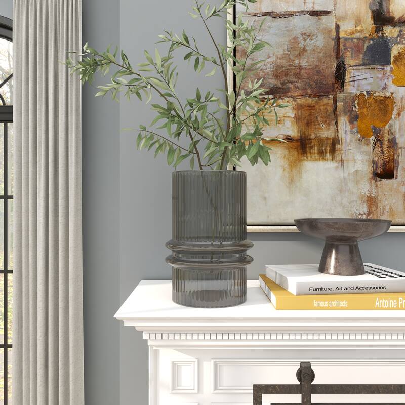 Gray Glass Wide Ribbed Candle Holder with Fluted Center