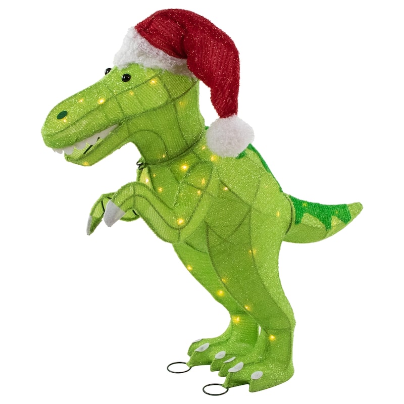 30" LED Lighted Tinsel Santa T-Rex Dinosaur Outdoor Christmas Decoration