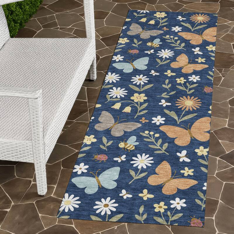 Machine Washable Indoor/ Outdoor Whimsy Butterfly Chantille Rug - Navy - 2'3" x 7'6"