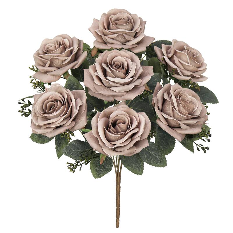 Set of 2 Dusty Brown Artificial Queen Tea Rose Flower Stem Bush Bouquet 17in - 17" L x 9" W x 9" DP