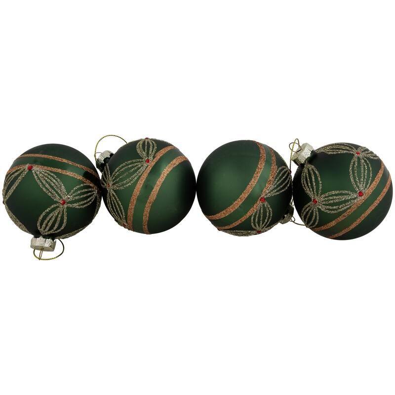 Holly Berry Christmas Glass Ball Ornaments - 3" - Green and Gold - 4ct