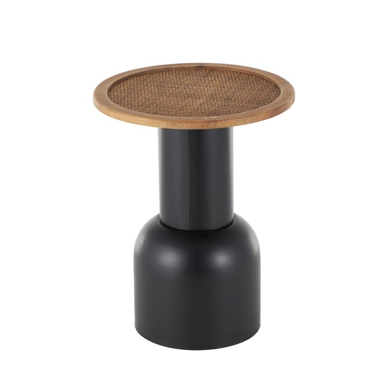 Black Metal Handmade Pedestal Accent Table with Brown Rattan Tabletop