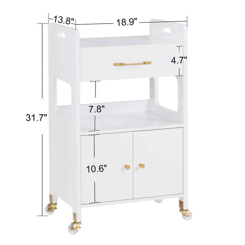 White Rolling Trolley Cart with Cabinet & Lockable Wheels - 13.8"D x 18.89"W x 31.7"H