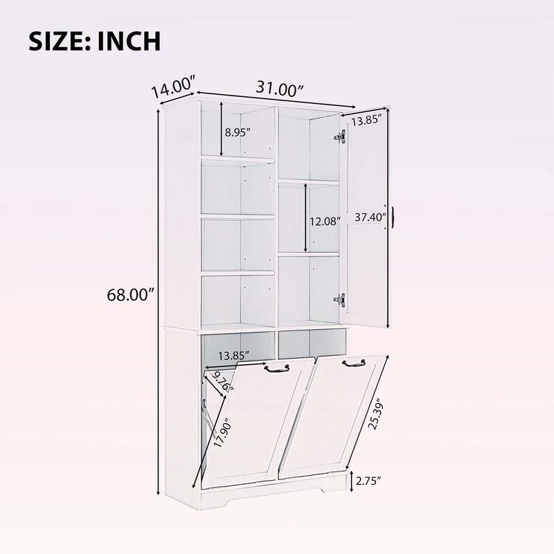 Bathroom Storage Cabinet with Doors, Drawers, Tilt-Out Laundry Hamper, and Adjustable Shelves, Oak Finish