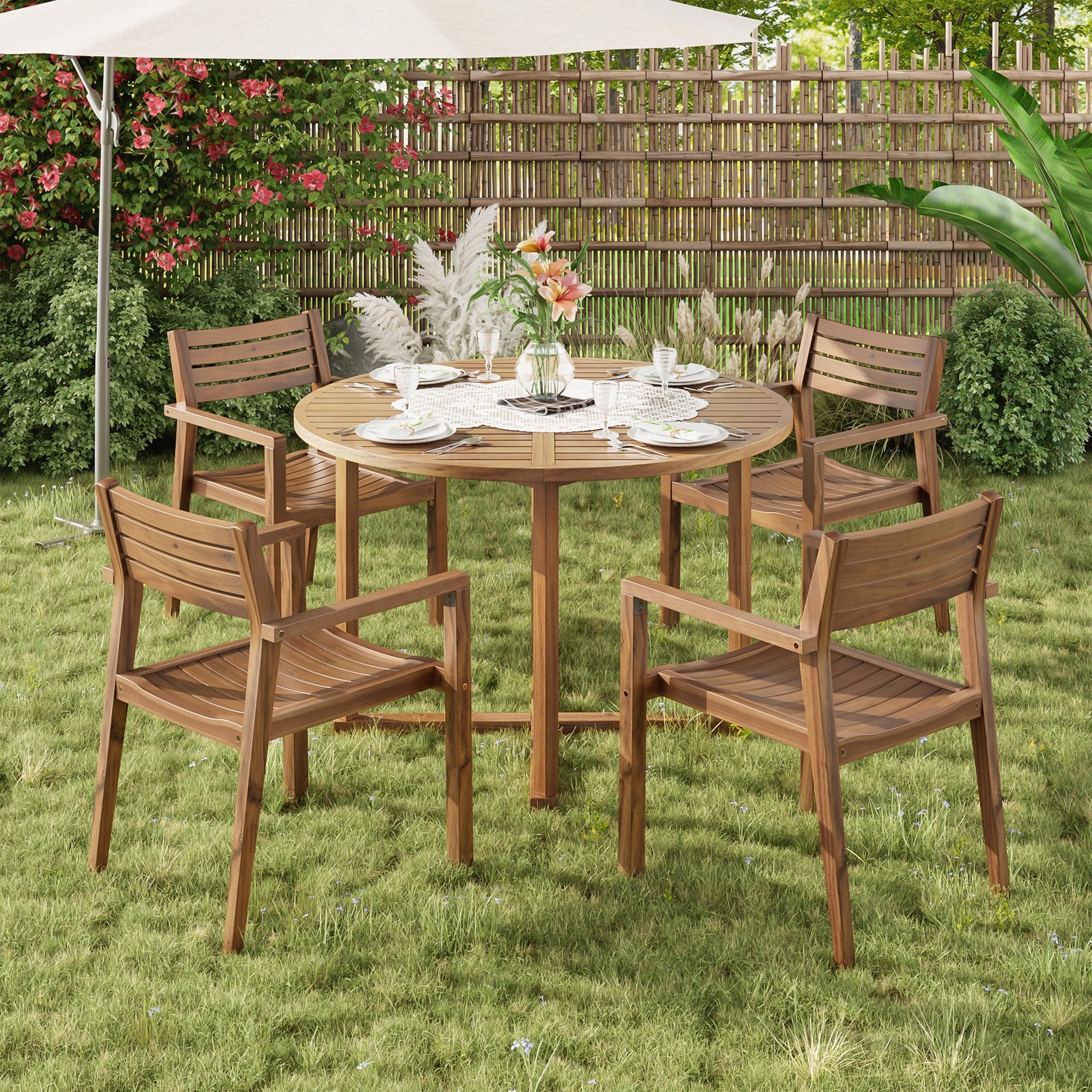 5-Piece Outdoor Dining Set with 4 Acacia Wood Chairs,47.2" Round Dining Table