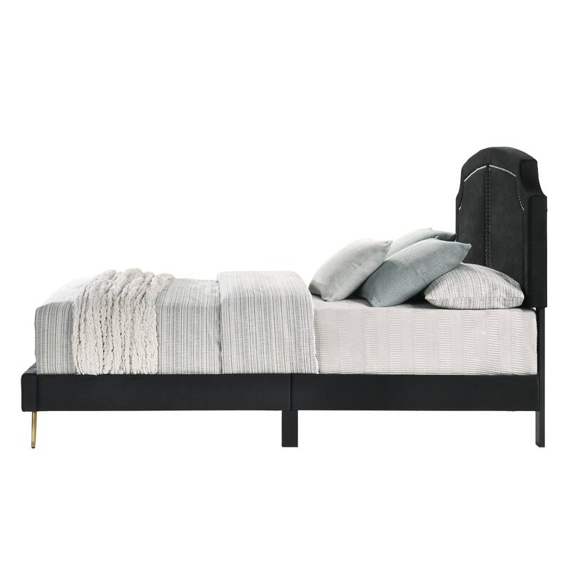 Black Velvet Upholstered Eastern King Bed Contemporary Style, Gold