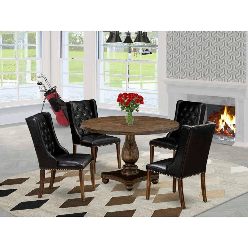 HomeStock 5-Piece Distressed Jacobean Finish Solid Wood Top Dining Table with 4 Upholstered Chairs