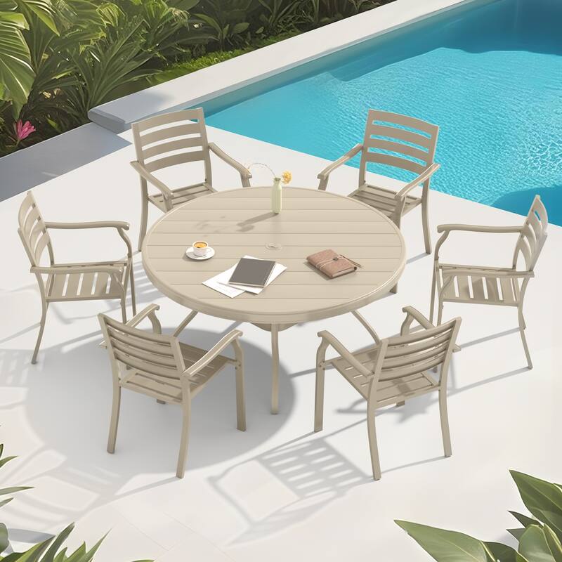 7-Piece Outdoor Patio Dining Set – 6 Stackable Metal Chairs & 52.95-Inch Round Table for Lawn, Garden, Backyard or Deck
