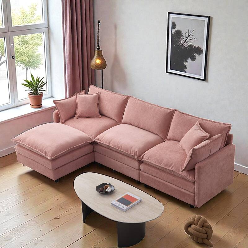 105" L-Shaped Modular Sectional Sofa with Ottoman, Soft Chenille Upholstery, 3-Seater Couch