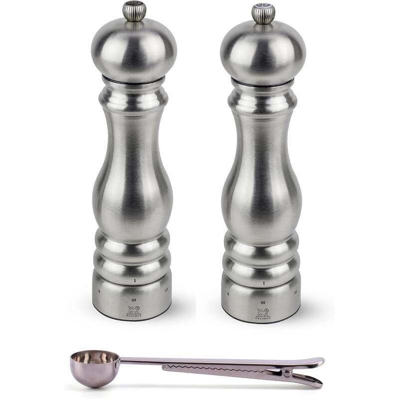 Peugeot Paris Chef u'Select Stainless Steel Salt & Pepper Mill Gift Set - With Stainless Steel Spice Scoop/Bag Clip (9 Inch) - Silver - 3 Piece