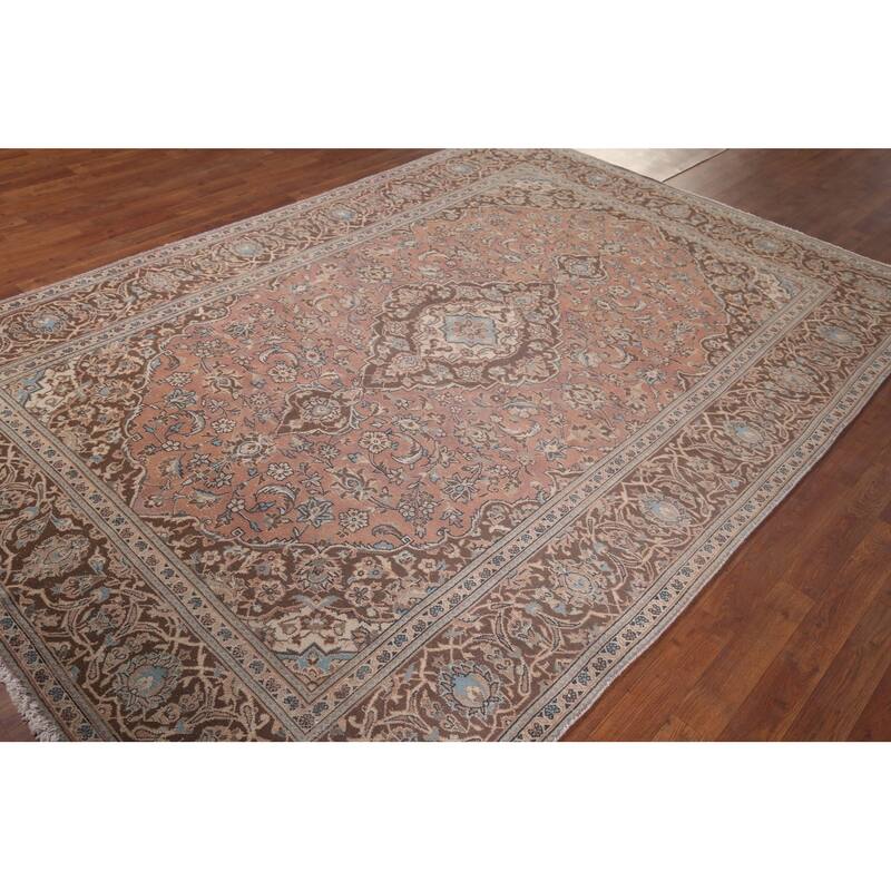 Traditional Pink Mashad Persian Vintage Rug Handmade Wool Carpet - 6'5"x 9'5"