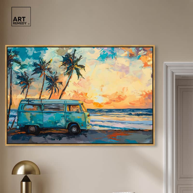 Art Remedy Old School Spring Break Framed Colorful Coastal 1 Piece Canvas Wall Art