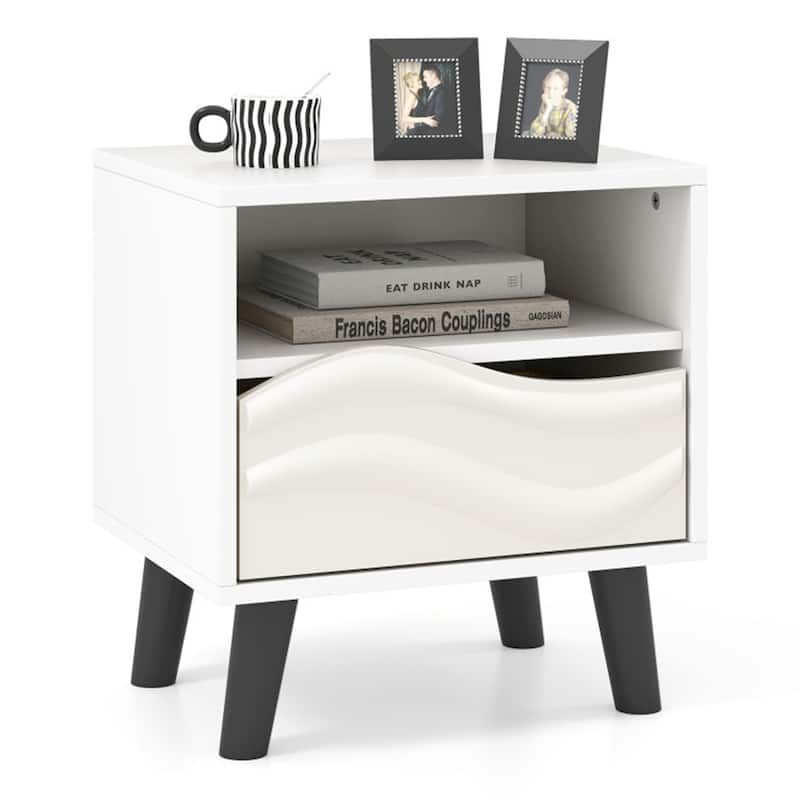 White-Black Engineered Wood Nightstand with 3D Wavy Drawer and Storage
