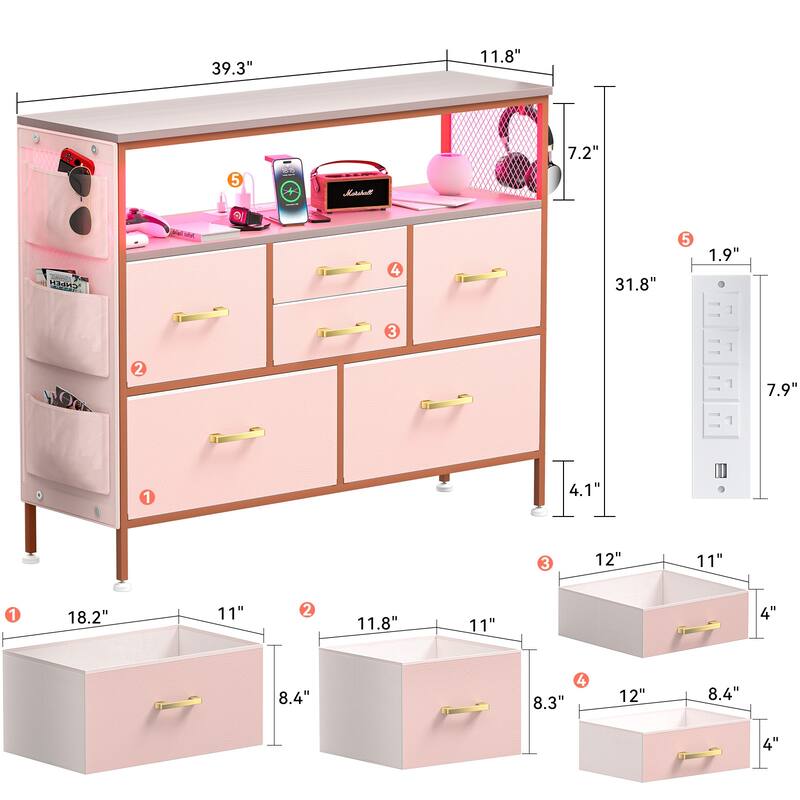 Dresser for Bedroom TV Stand with Power Outlets and LED Light, 6 Dresser with Shelves for 45" TV, PU Finish