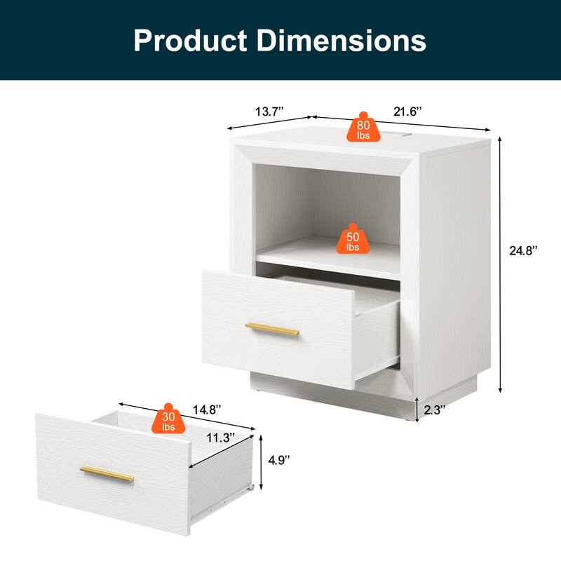 Modern Nightstand with Charging Station， Set of 2