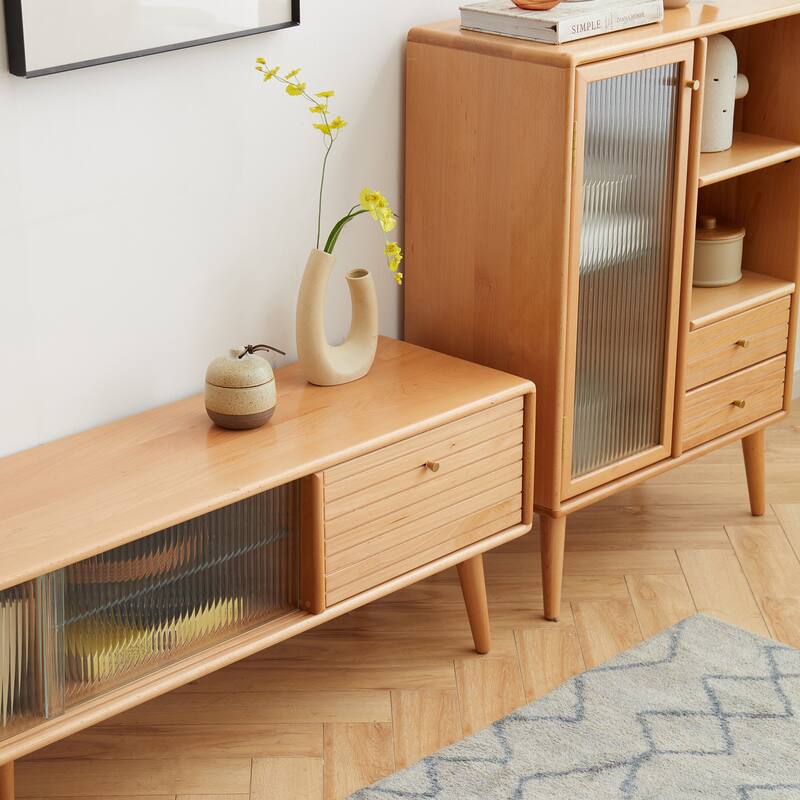 Modern 180cm Oak Wood TV Stand with Glass Panels and Hidden Storage Drawers, Easy 10-Minute Setup