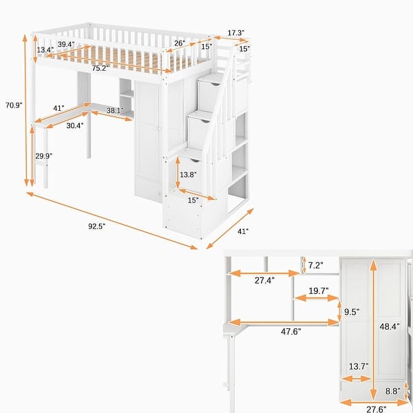 Twin size Loft Bed with Bookshelf, Drawers, Desk and Wardrobe