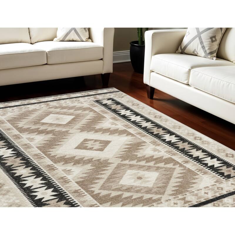 HomeRootsGeometric Bohemian Rectangle Area Rug - 84' X '63' X '0.25 - 84' X '63' X '0.25 - Tan/Black/Beige