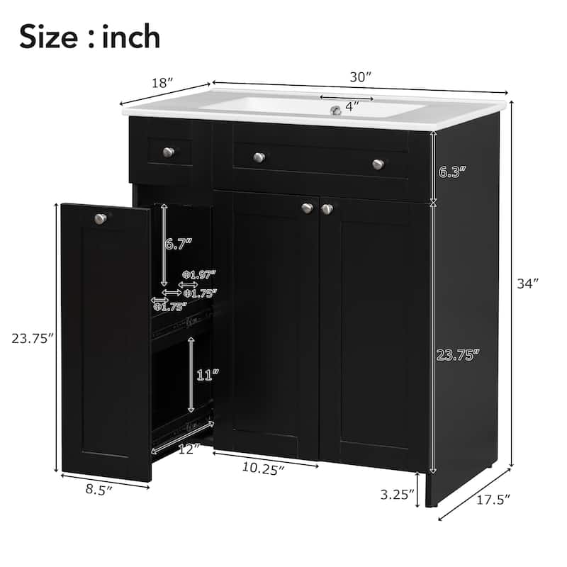 GDFStudio - Elara 30" Vanity MDF Bathroom Cabinet with Ceramic Sink 2 Doors 1 Double Drawer
