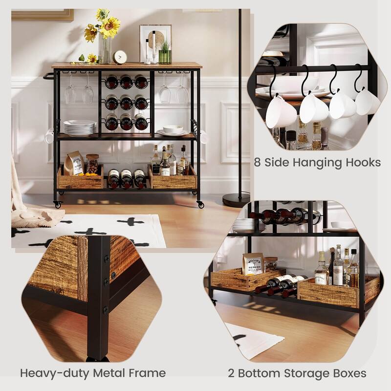 Costway 3 Tiers Bar Cart Home Serving Cart on Wheels with Glass Racks - See Details