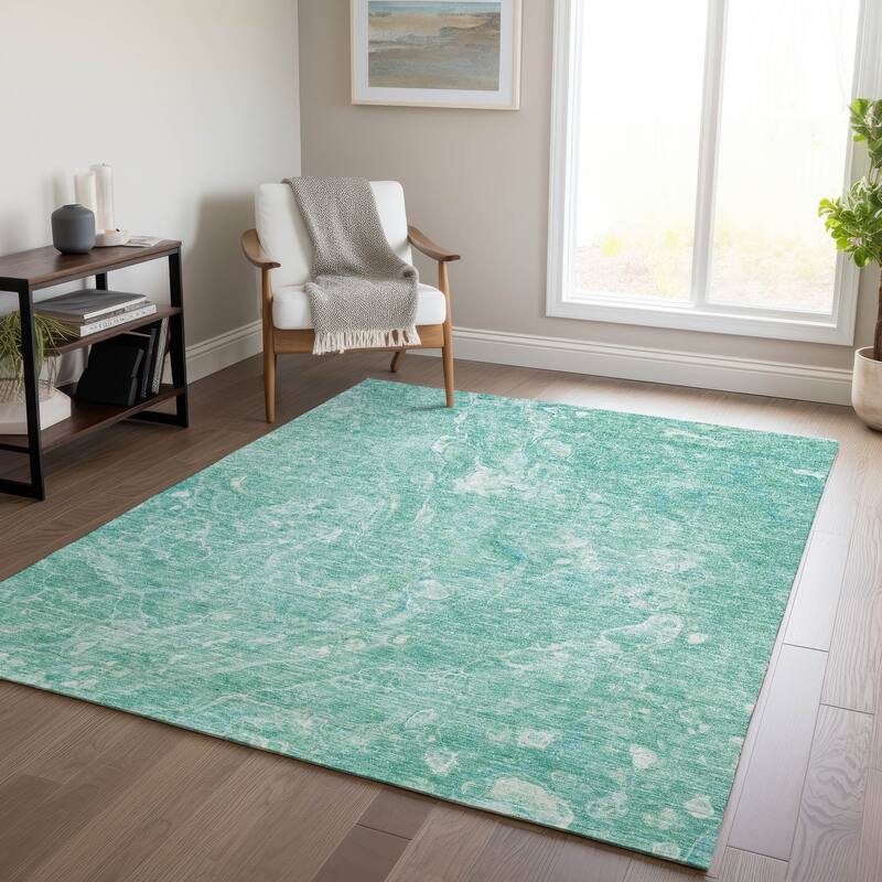 Machine Washable Indoor/ Outdoor Chantille Abstract Watercolor Rug - Teal - 3' x 5'