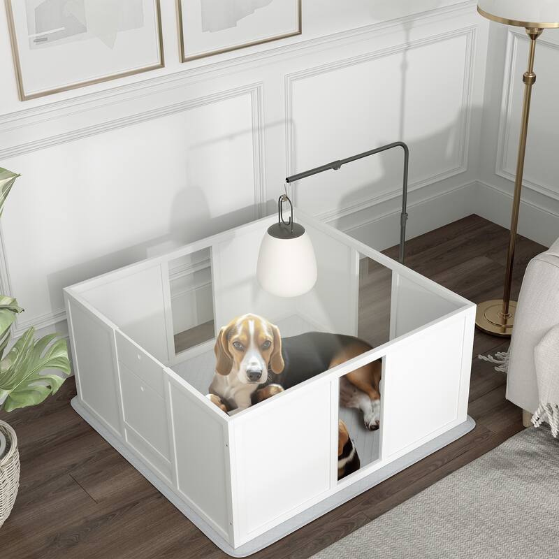 PawHut Whelping Box for Dogs, Newborn Puppy Supplies with Retractable Light Stand, Waterproof Pee Pad, Adjustable Height Door