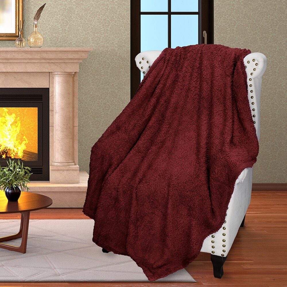 Soft Fuzzy Warm Cozy Blanket Fluffy Sherpa Fleece Throw Wine 50 x 60