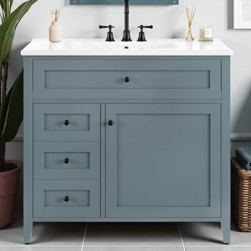36-Inch Bathroom Vanity with Sink, MDF and Solid Wood Cabinet, 3 Drawers and Adjustable Shelf, Freestanding Design - Blue Gray