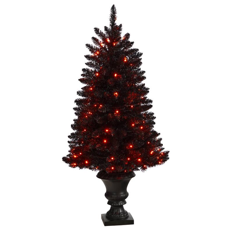 Potted Pine LED Lighted Artificial Halloween Tree - 4’ - Orange Lights - 4 Foot