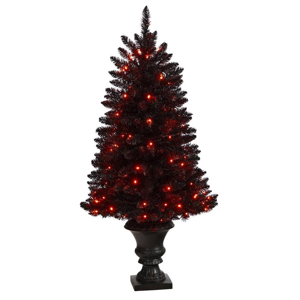 Potted Pine LED Lighted Artificial Halloween Tree - 4’ - Orange Lights - 4 Foot